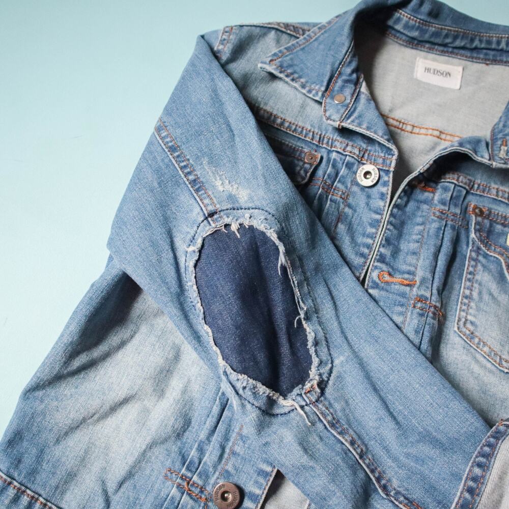 Hudson Y2K Distressed Elbow Patch Jean Denim Jacket Womens Small Casual Basic - Picture 4 of 8
